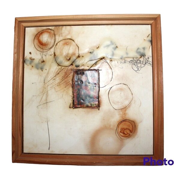 Original wax abstract mixed media frame Collage art work Sagebrush 9"x 9" signed - Picture 9 of 10